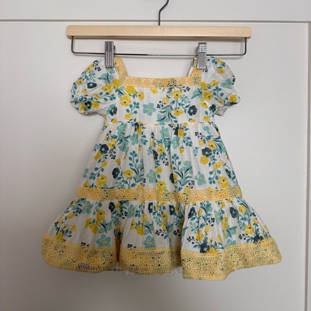 Joie Baby Girls Dress 12M Floral Sunny Yellow White Lined Ruffles Summer Cotton